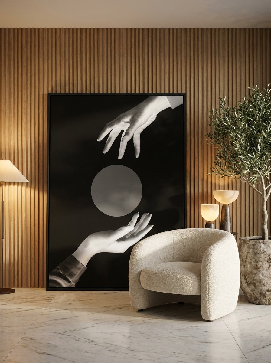 Oversized statement canvas wall art with a black surround leaning against the wall in a luxe living room