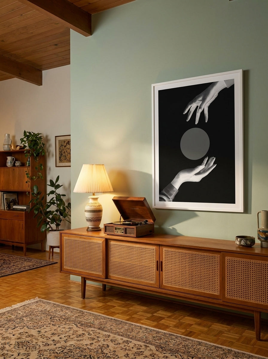 Oversized statement modern wall art print styled on the wall in a mid-century living room