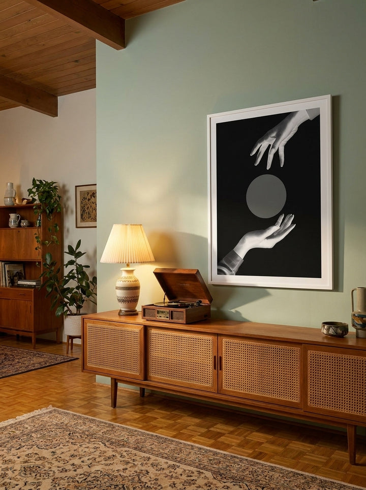 Oversized statement modern wall art print styled on the wall in a mid-century living room
