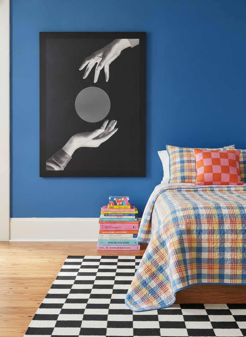 Modern wall art print styled on the wall in a colourful eclectic bedroom