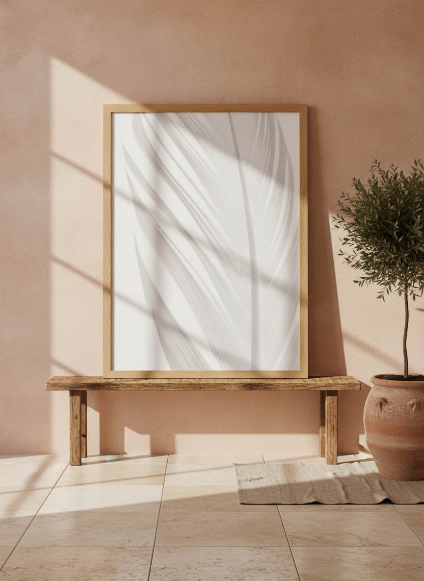 Modern wall art print standing on a bench in a Mediterranean home office