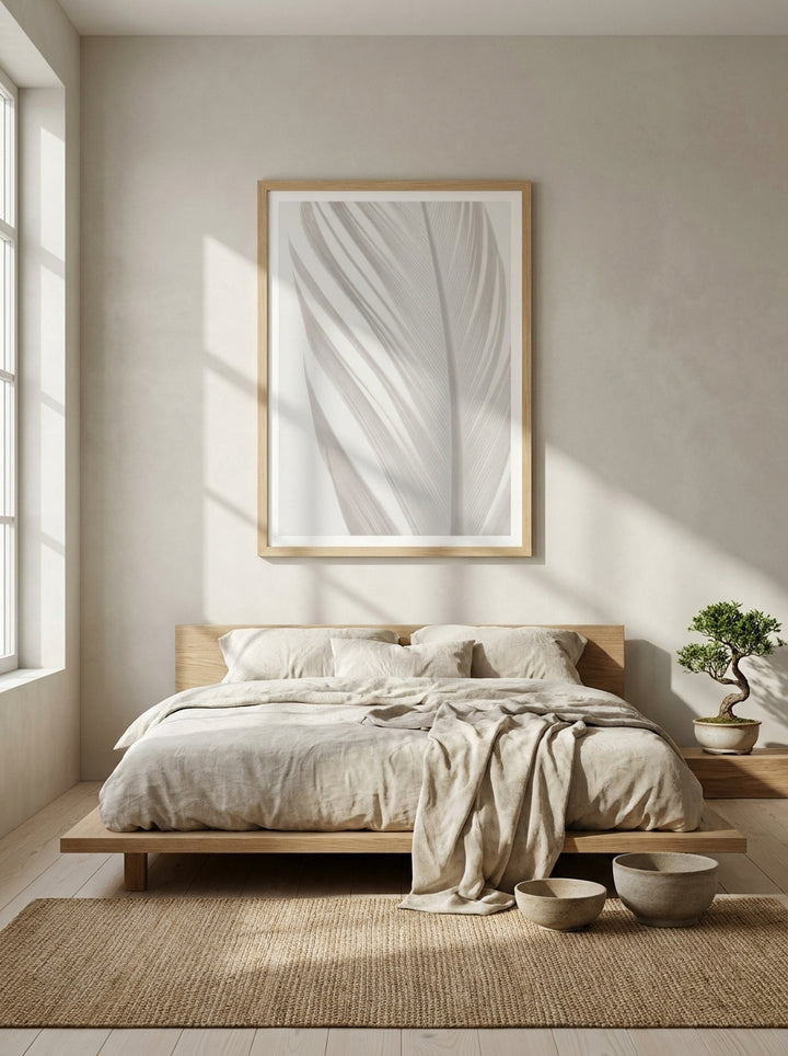 Modern wall art print styled on the wall in a warm Japandi bedroom