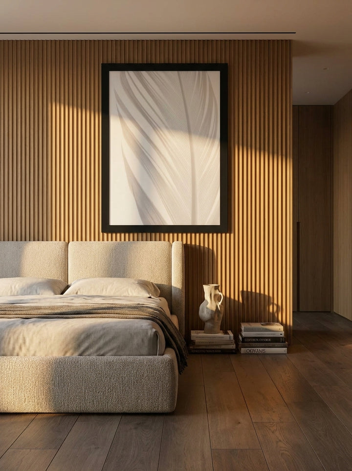 Oversized statement modern wall art print styled on the wall in a luxe bedroom
