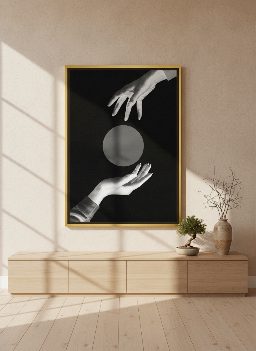 Oversized statement canvas wall art with a gold leaf surround styled on the wall in a warm Japandi living room