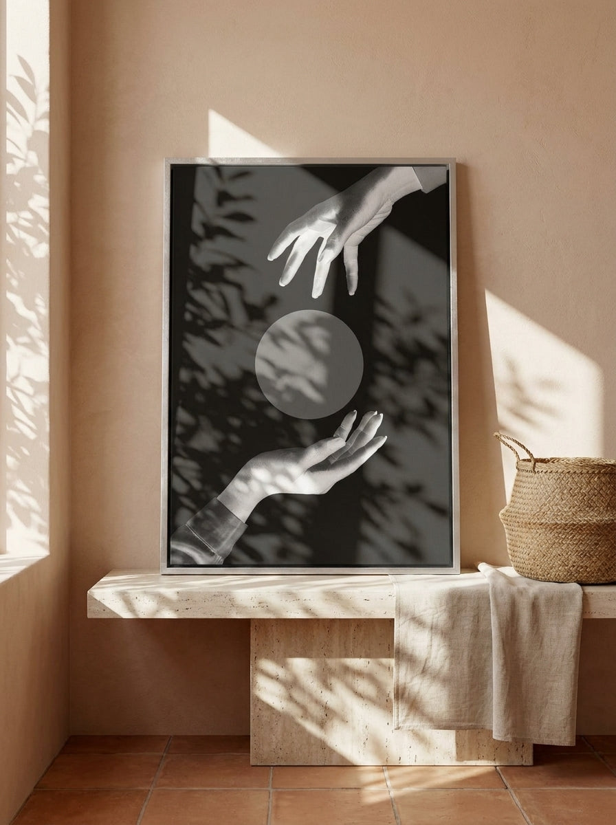 Canvas wall art with a silver leaf surround standing on a console in a Mediterranean home office