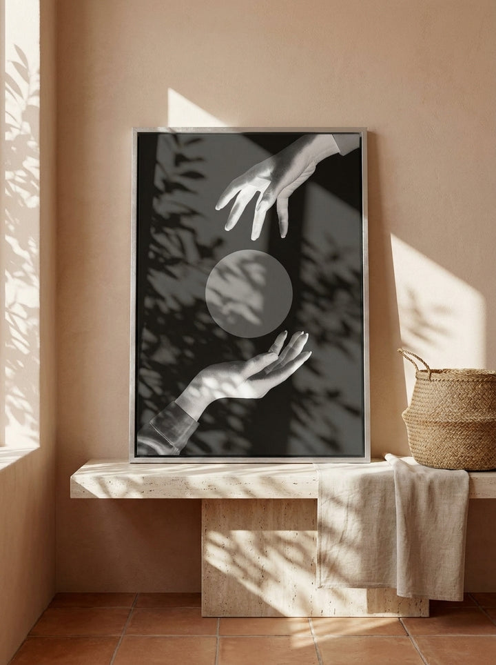 Canvas wall art with a silver leaf surround standing on a console in a Mediterranean home office