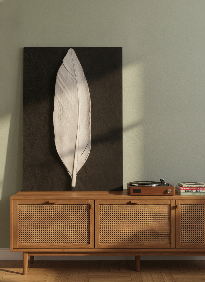 Stretched canvas wall art standing on a sideboard in a mid-century living room
