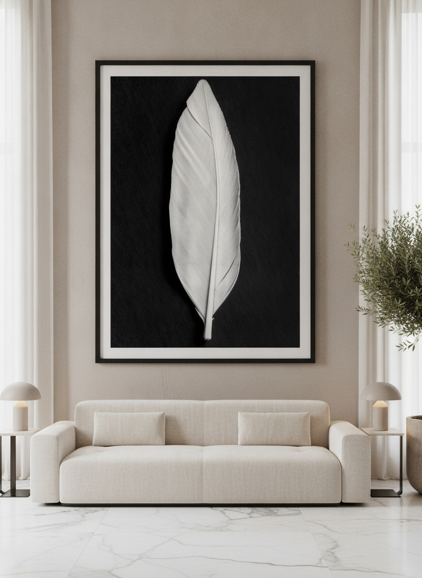 Oversized statement modern wall art print styled on the wall in a luxe living room