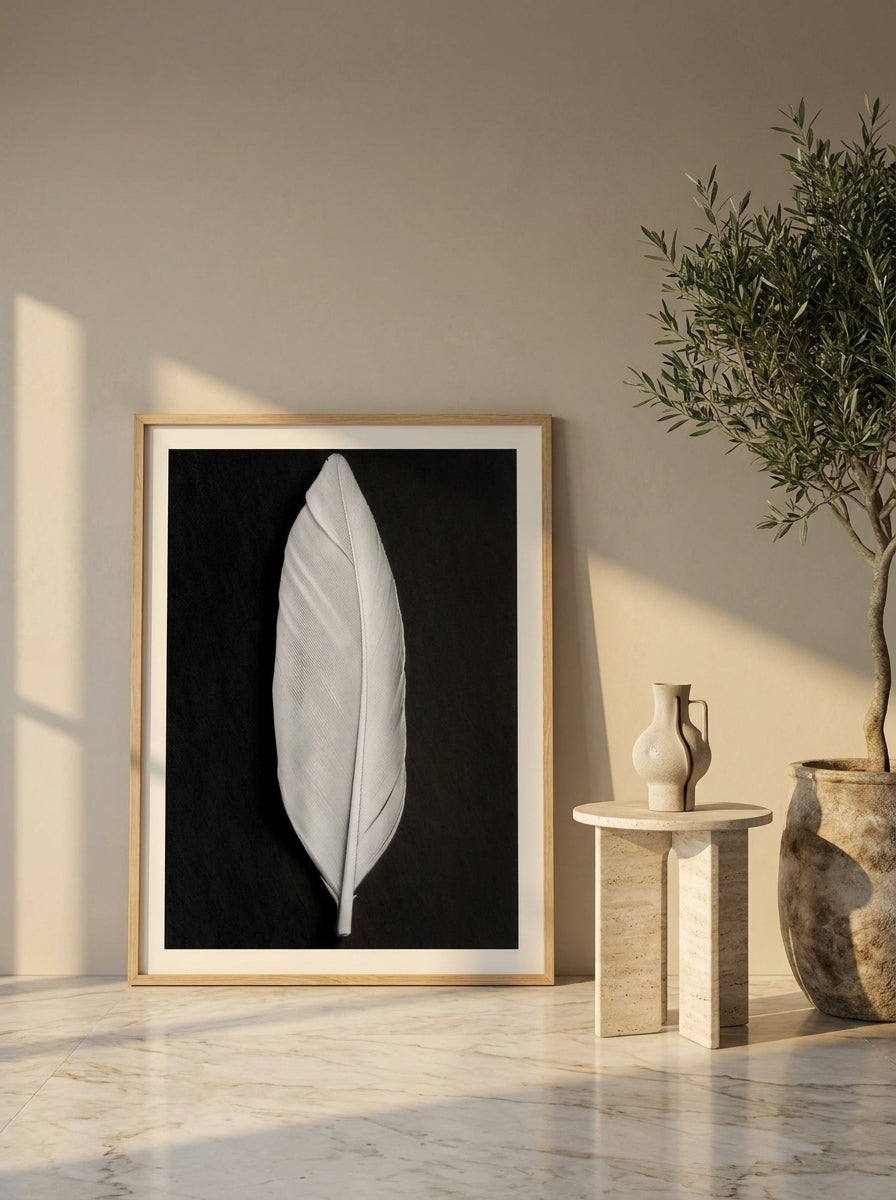 Modern wall art print leaning against the wall in a luxe bathroom