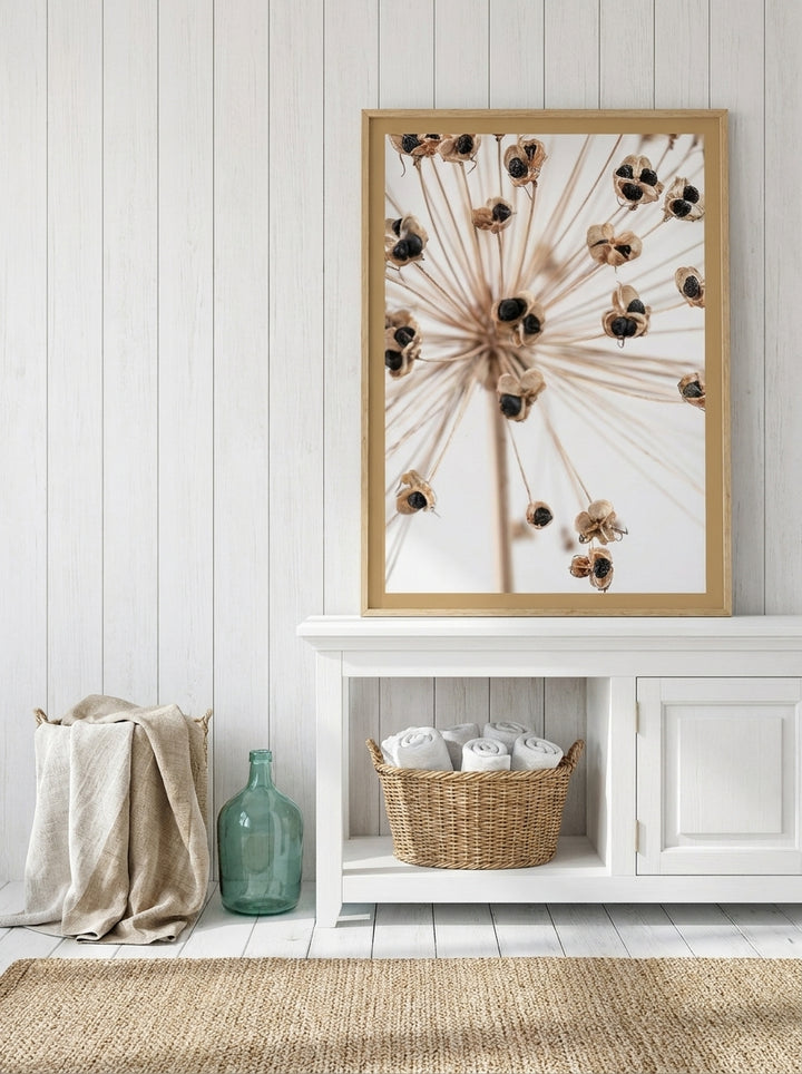 Modern wall art print styled on the wall in a coastal bathroom