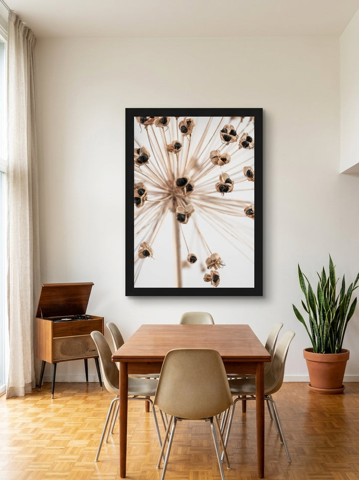 Oversized statement modern wall art print styled on the wall in a mid-century dining room