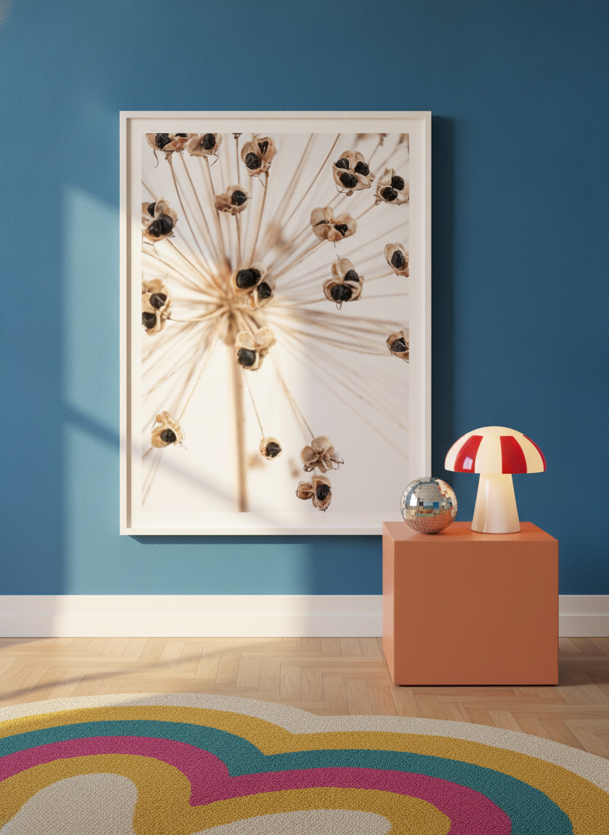 Modern wall art print standing on a side table in a colourful eclectic living room