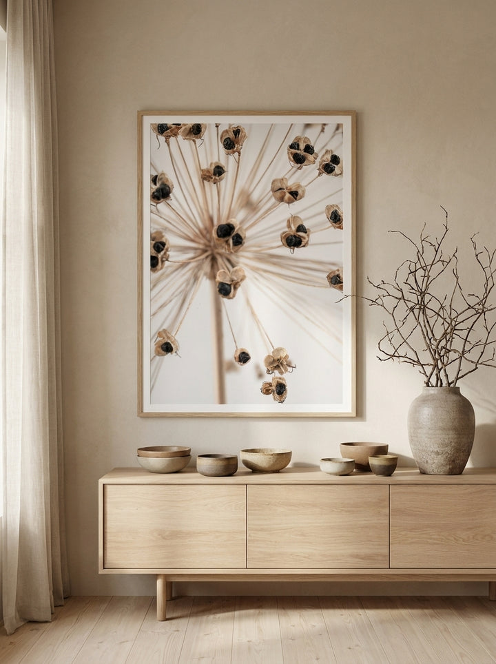 Modern wall art print styled on the wall in a warm Japandi living room