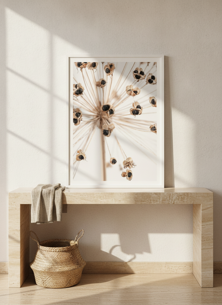Modern wall art print standing on a console in a Mediterranean home office