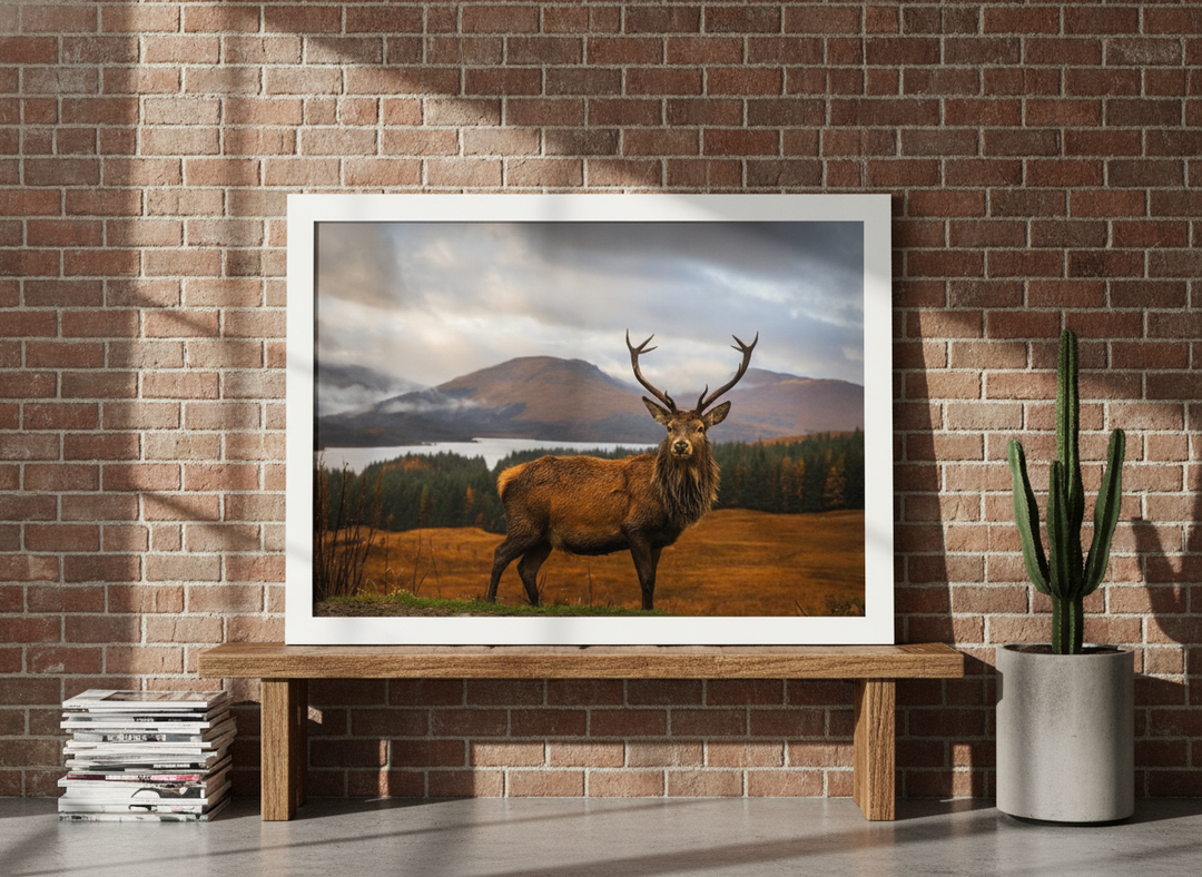 Modern wall art print standing on a bench in an industrial loft bedroom