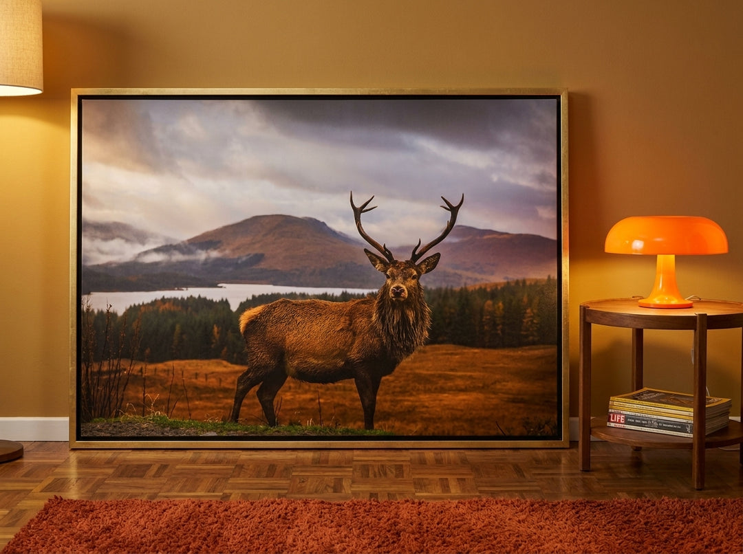 Oversized statement canvas wall art with a gold leaf surround leaning against the wall in a retro 70s living room