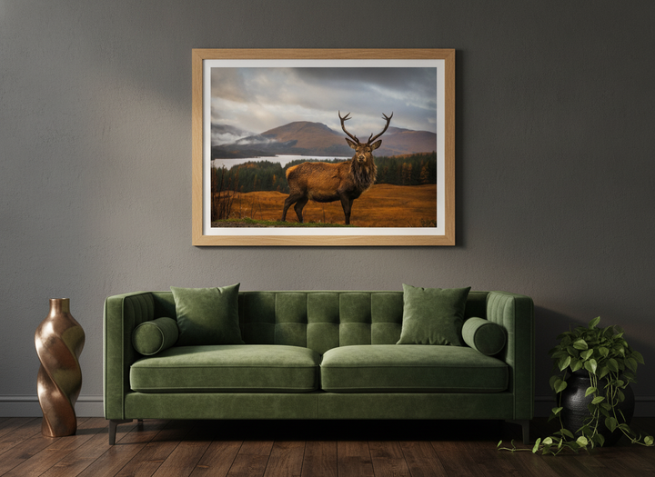 Modern wall art print styled on the wall in a moody living room