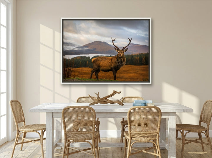 Canvas wall art with a white surround styled on the wall in a coastal dining room
