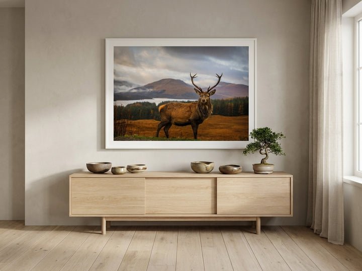 Oversized statement modern wall art print styled on the wall in a warm Japandi living room