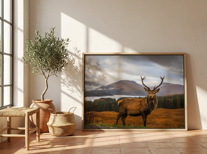 Canvas wall art with a natural timber surround leaning against the wall in a Mediterranean bedroom