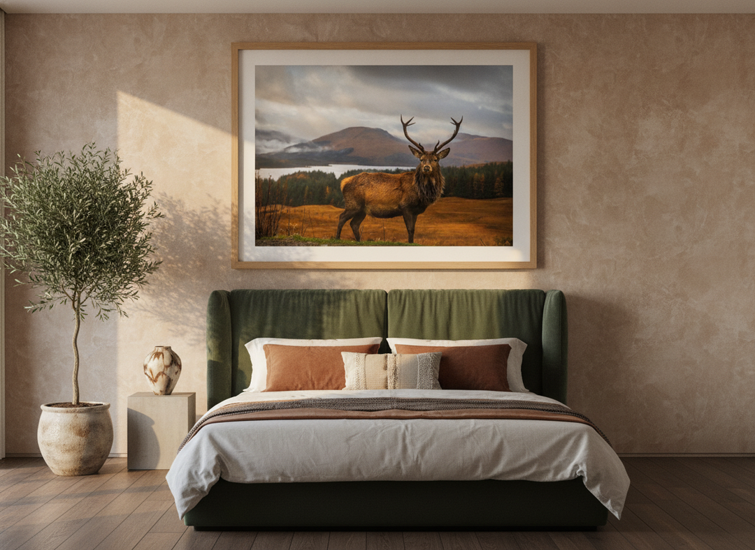 Oversized statement modern wall art print styled on the wall in a luxe bedroom
