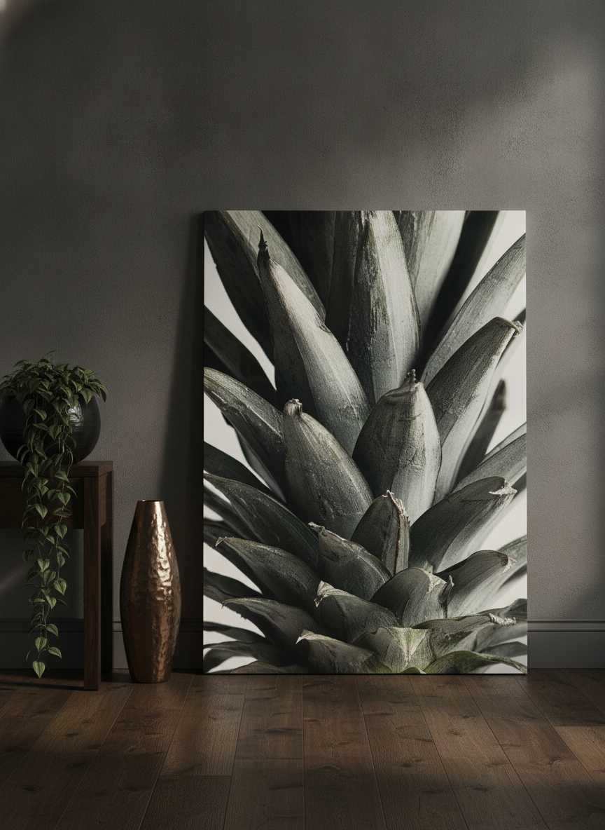 Stretched canvas wall art leaning against the wall in a moody dining room