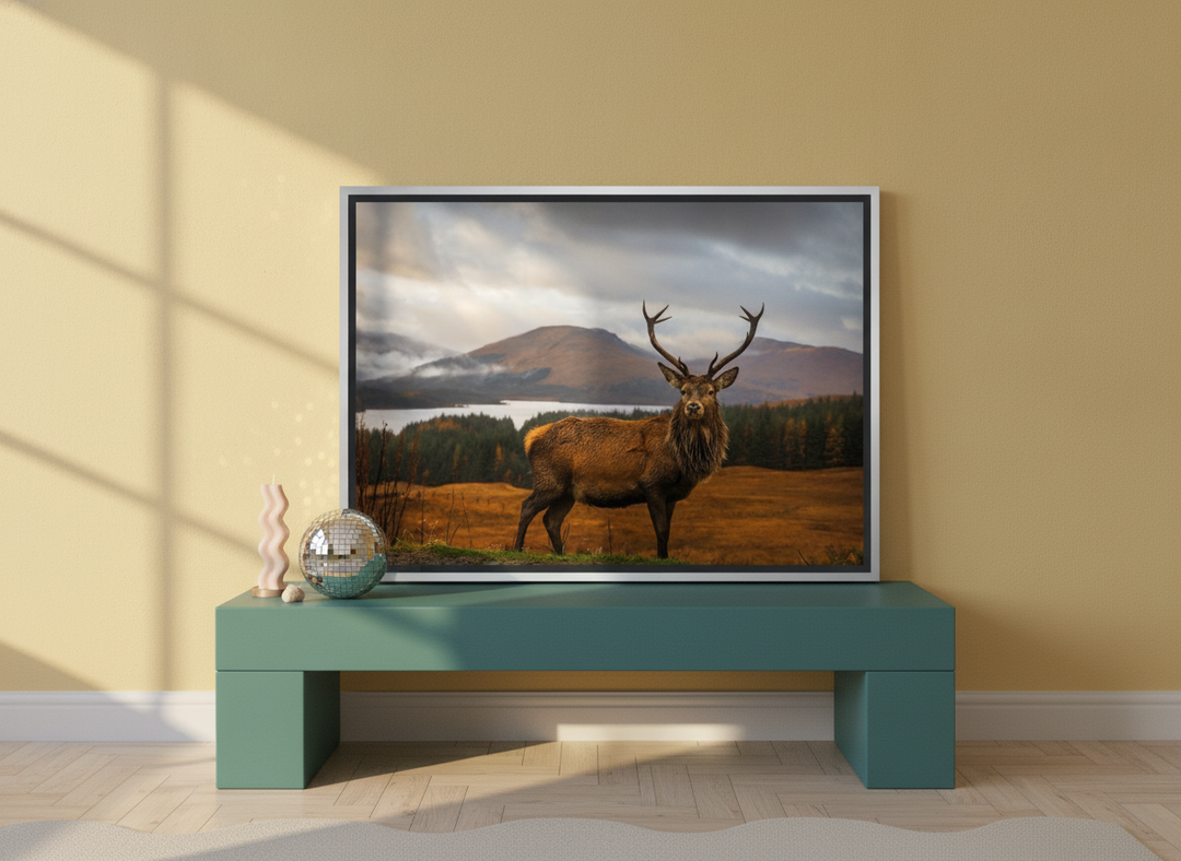 Canvas wall art with a silver leaf surround standing on a side table in a colourful eclectic home office