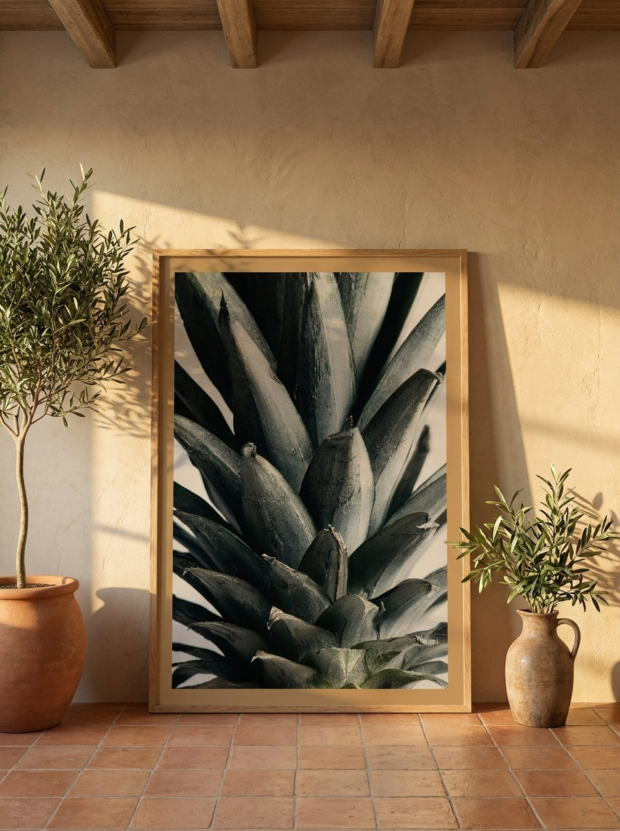 Oversized statement modern wall art print leaning against the wall in a Mediterranean bathroom