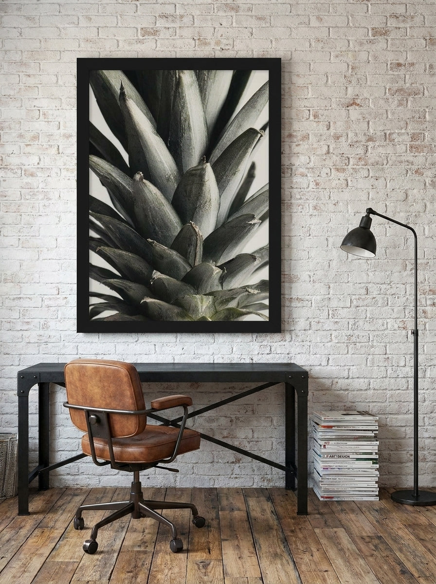 Modern wall art print styled on the wall in an industrial loft home office