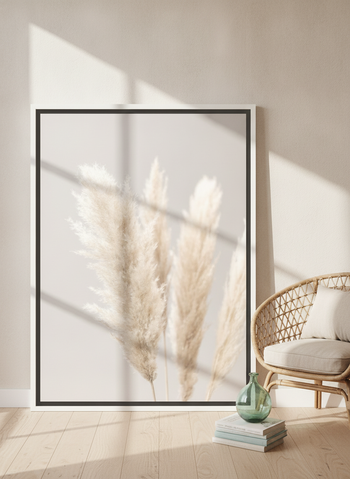 Oversized statement canvas wall art with a white surround leaning against the wall in a coastal living room