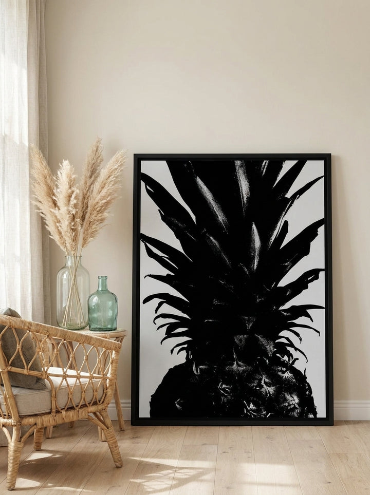 Canvas wall art with a black surround leaning against the wall in a coastal living room