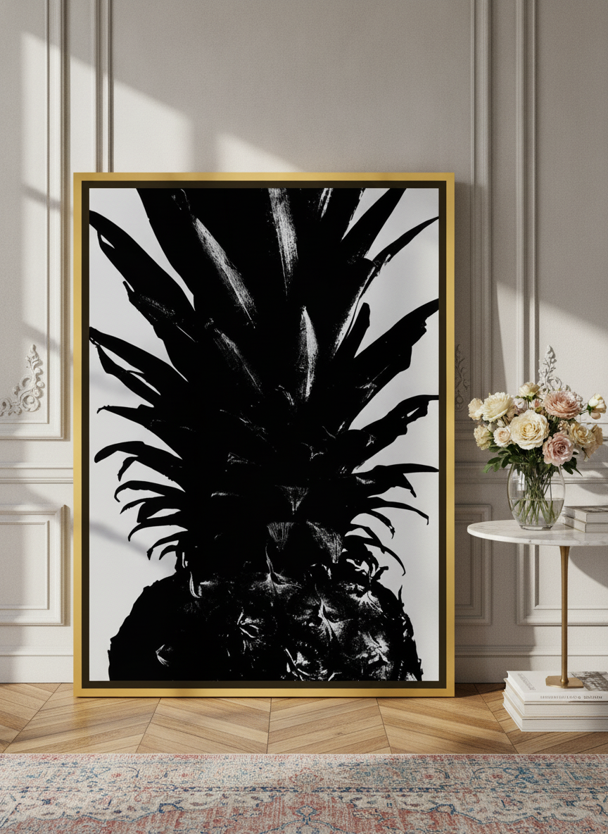 Oversized statement canvas wall art with a gold leaf surround leaning against the wall in a Parisian dining room