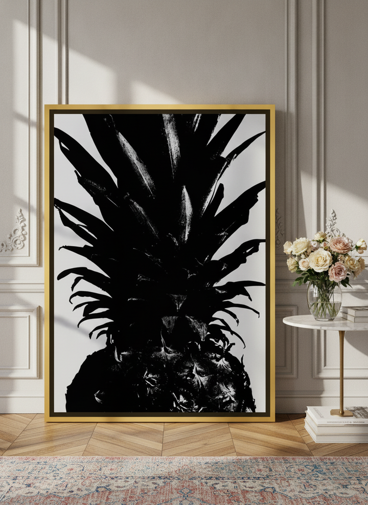 Oversized statement canvas wall art with a gold leaf surround leaning against the wall in a Parisian dining room