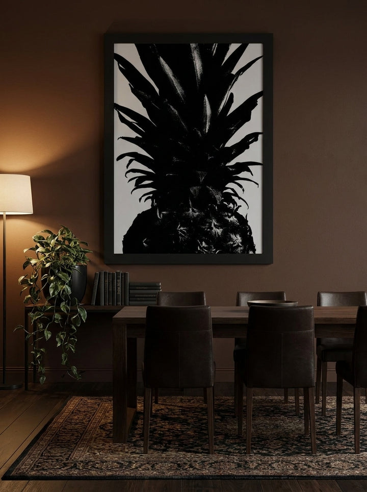 Oversized statement modern wall art print styled on the wall in a moody dining room