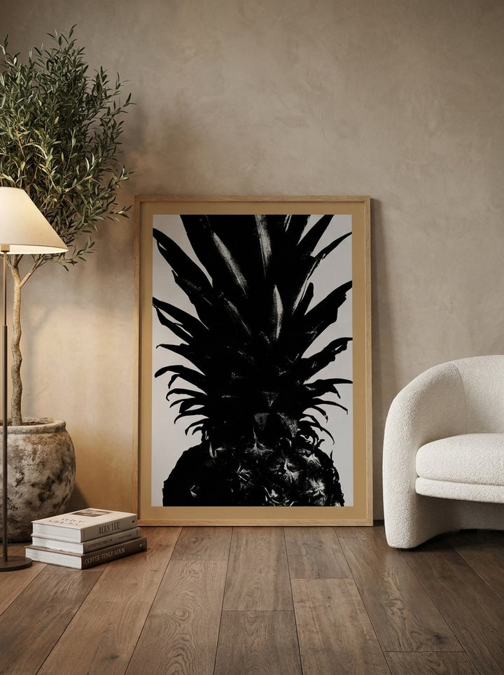 Modern wall art print leaning against the wall in a luxe kitchen