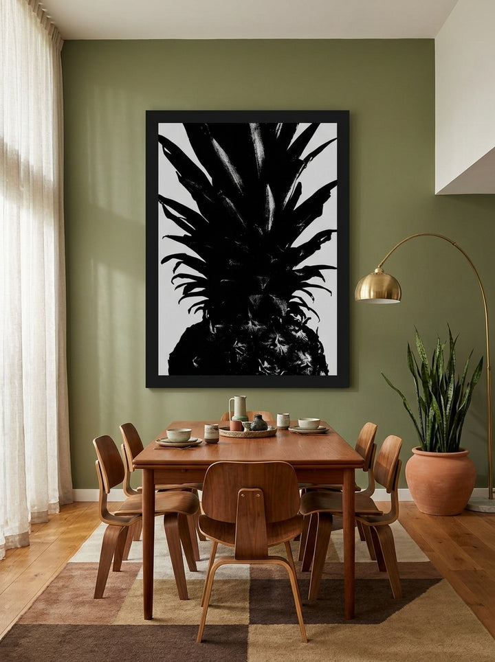 Oversized statement modern wall art print styled on the wall in a mid-century dining room