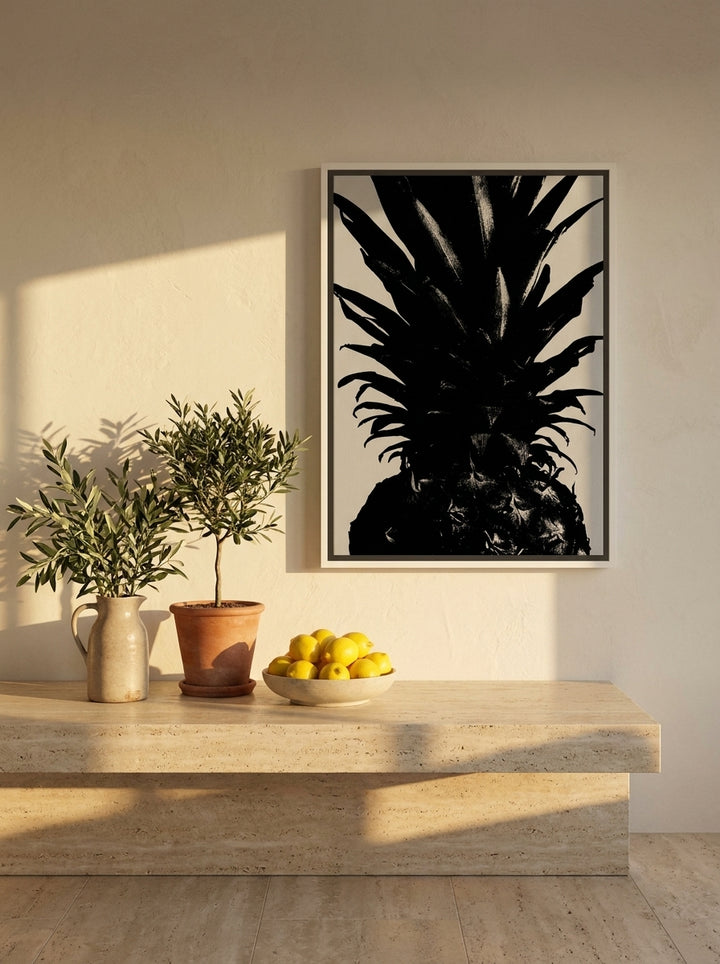 Canvas wall art with a white surround styled on the wall in a Mediterranean kitchen