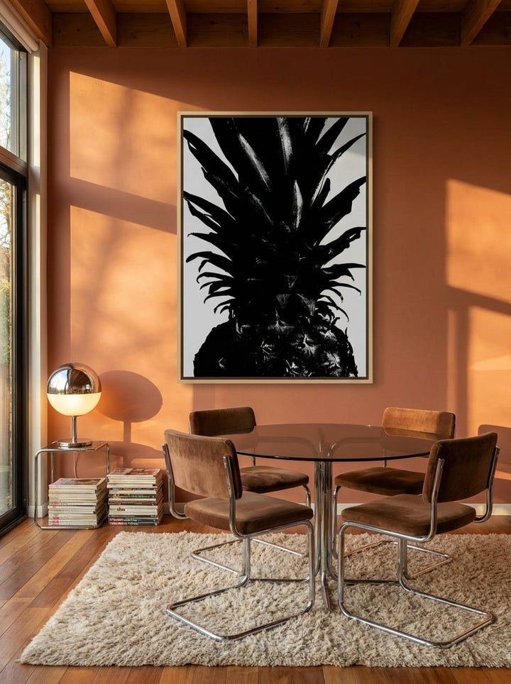 Oversized statement canvas wall art with a natural timber surround styled on the wall in a retro 70s dining room