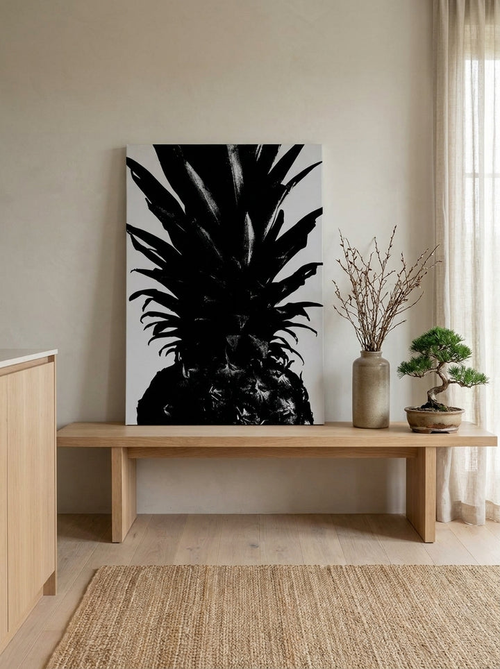 Stretched canvas wall art standing on a kitchen bench in a warm Japandi kitchen