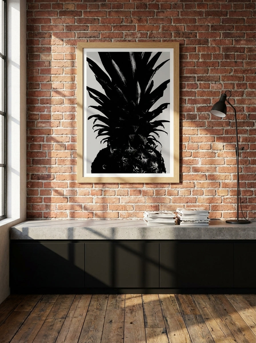 Modern wall art print styled on the wall in an industrial loft kitchen