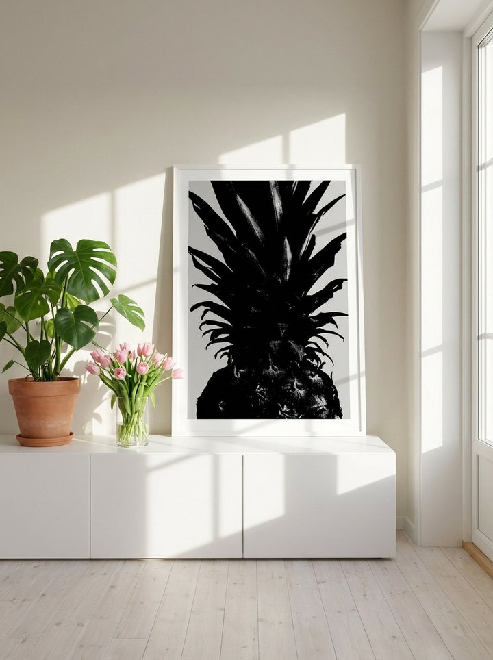 Modern wall art print standing on a sideboard in a bright Scandinavian living room