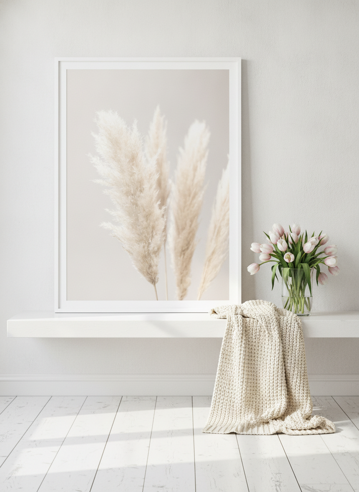 Modern wall art print standing on a shelf in a bright Scandinavian bathroom