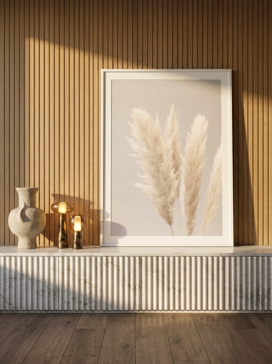 Modern wall art print standing on a sideboard in a luxe bedroom