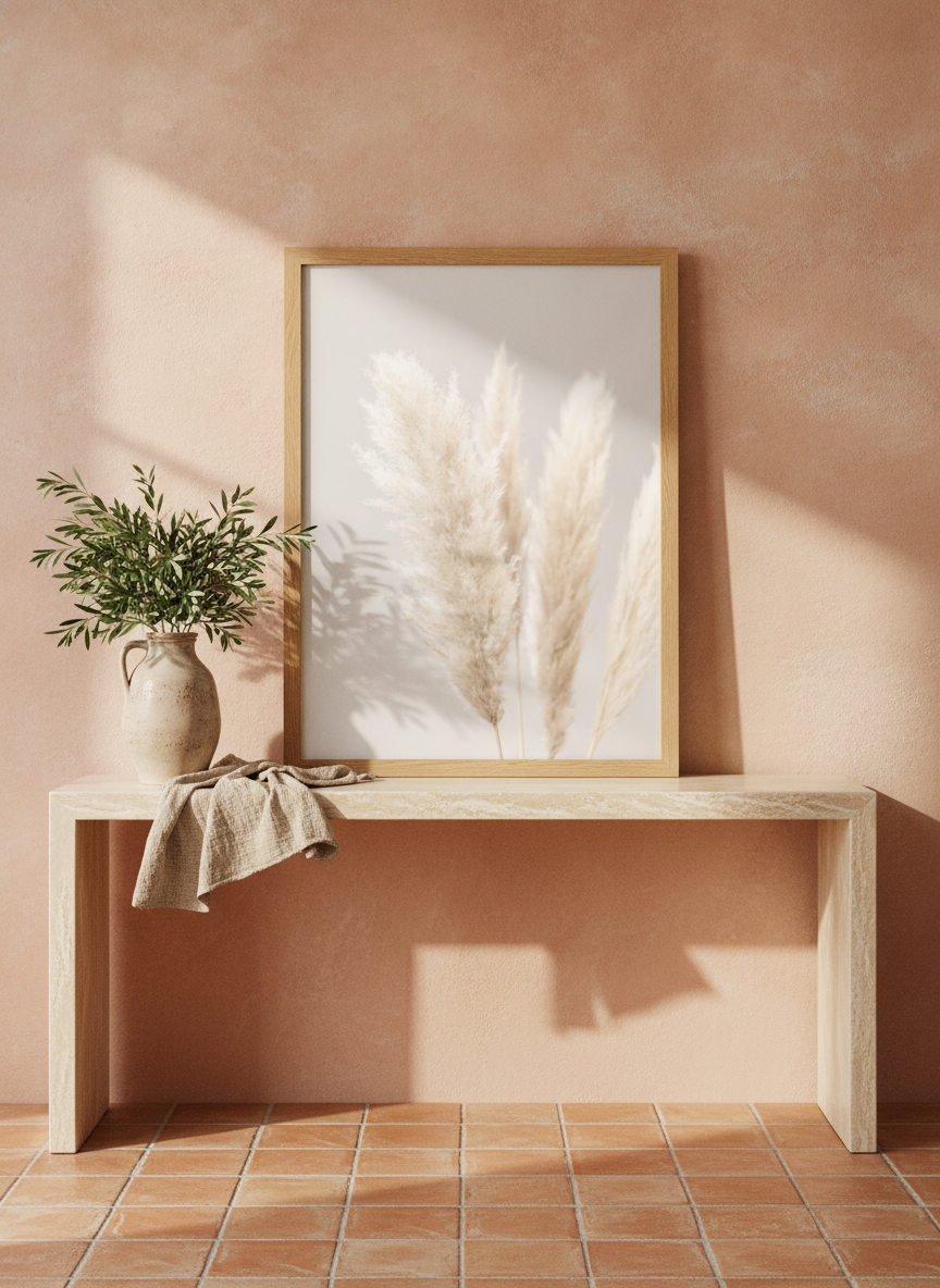 Modern wall art print standing on a console in a Mediterranean home office