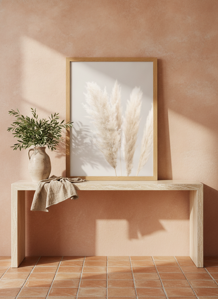 Modern wall art print standing on a console in a Mediterranean home office