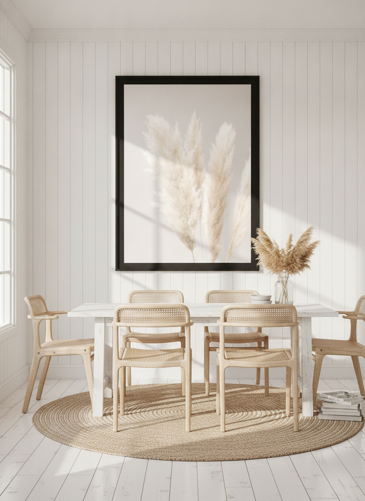 Oversized statement modern wall art print styled on the wall in a coastal dining room