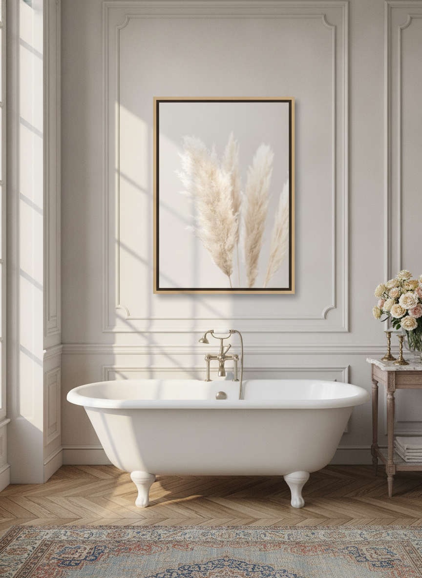 Canvas wall art with a natural timber surround styled on the wall in a Parisian bathroom