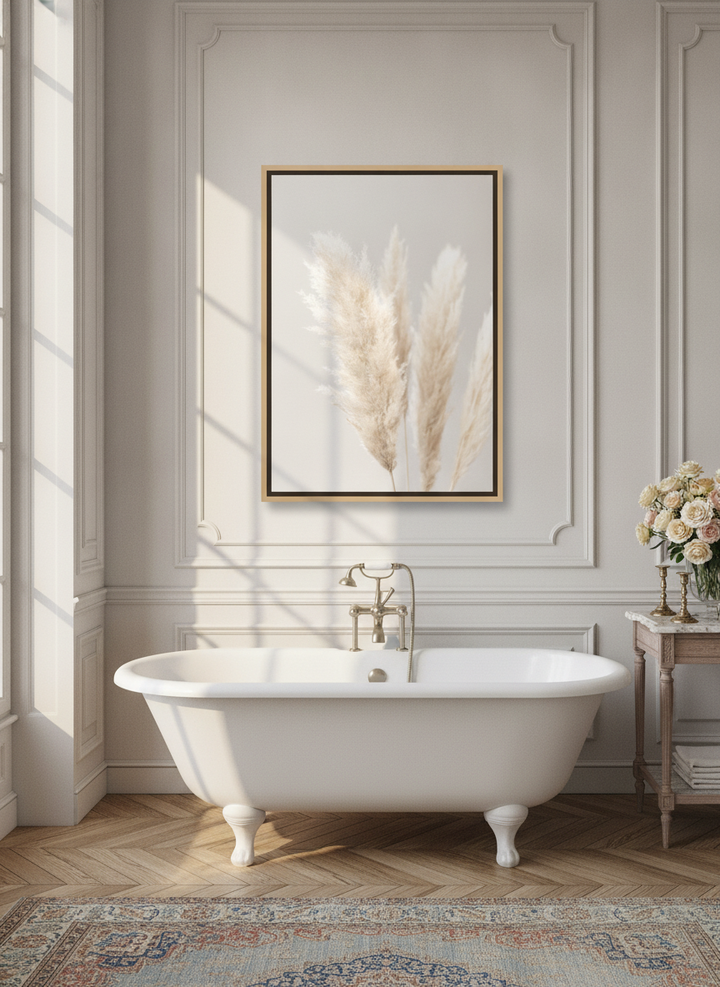 Canvas wall art with a natural timber surround styled on the wall in a Parisian bathroom