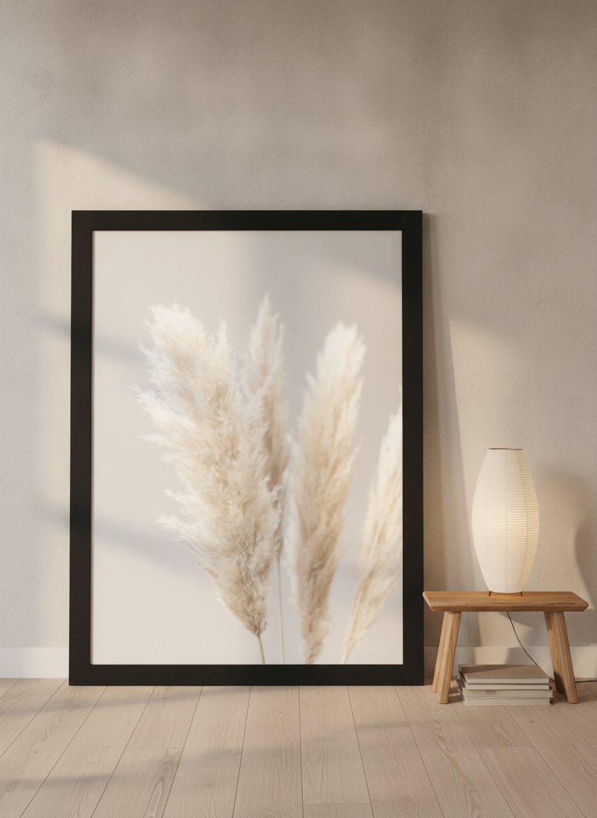 Oversized statement modern wall art print leaning against the wall in a warm Japandi living room