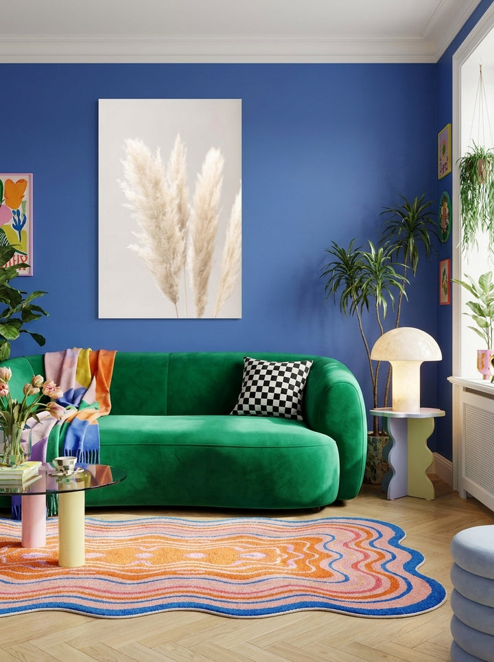 Stretched canvas wall art styled on the wall in a colourful eclectic living room